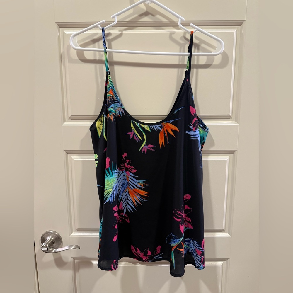 Apt. 9 Black Tropical Print Strappy Tank Top Size L EUC Adjustable Straps